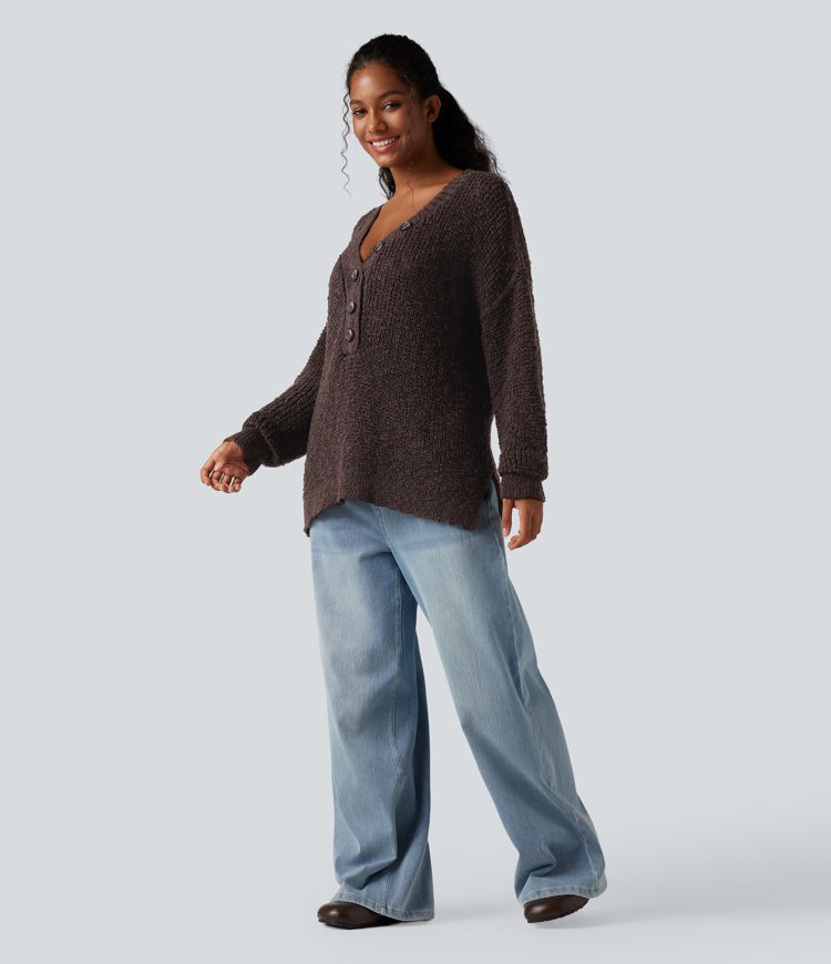 V Neck Long Sleeve High Low Casual Jumper