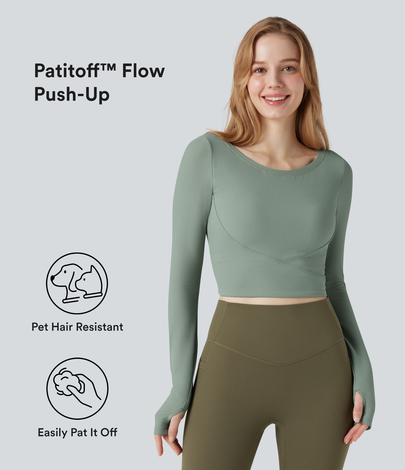 Patitoff™ Flow Pet Hair Resistant Push-Up Long Sleeve Thumb Hole Cropped Yoga Sports Top