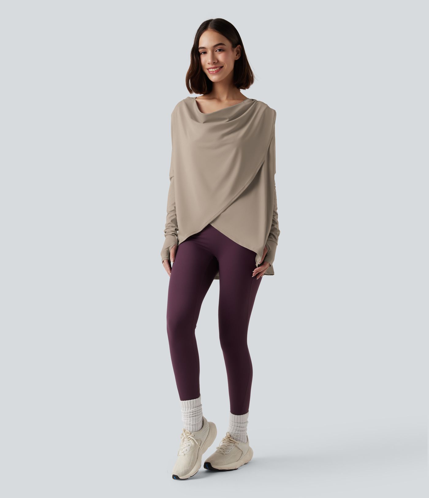 Hooded Cowl Neck Long Sleeve Thumb Hole Yoga Sports Top with Pockets