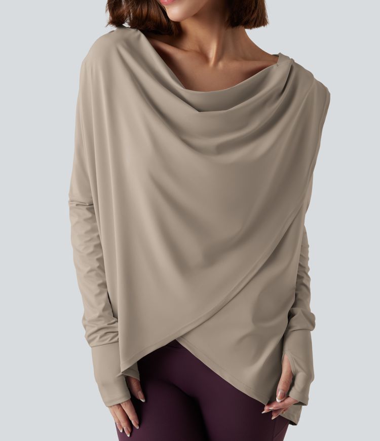 Hooded Cowl Neck Long Sleeve Thumb Hole Yoga Sports Top with Pockets