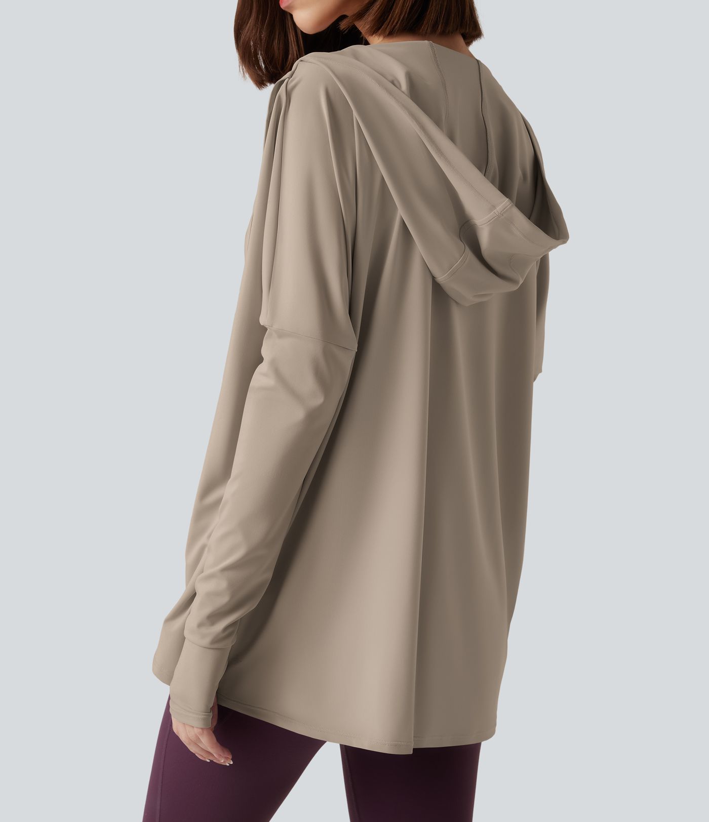 Hooded Cowl Neck Long Sleeve Thumb Hole Yoga Sports Top with Pockets