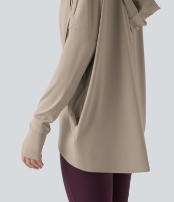 Hooded Cowl Neck Long Sleeve Thumb Hole Yoga Sports Top with Pockets