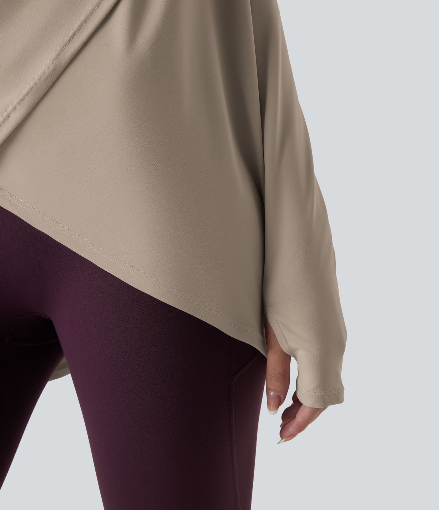 Hooded Cowl Neck Long Sleeve Thumb Hole Yoga Sports Top with Pockets