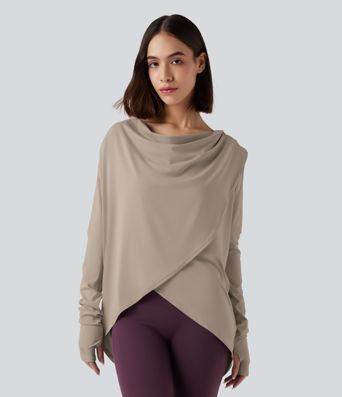 Hooded Cowl Neck Long Sleeve Thumb Hole Yoga Sports Top with Pockets