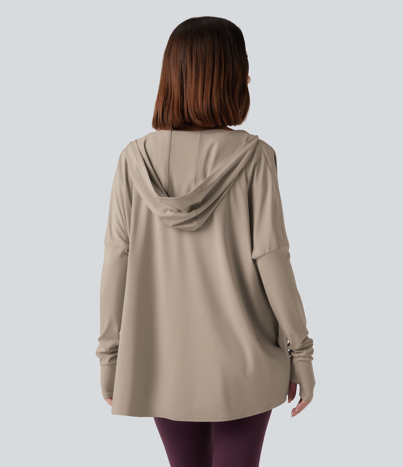 Hooded Cowl Neck Long Sleeve Thumb Hole Yoga Sports Top with Pockets