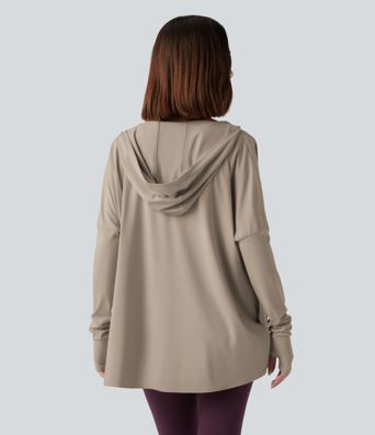 Hooded Cowl Neck Long Sleeve Thumb Hole Yoga Sports Top with Pockets