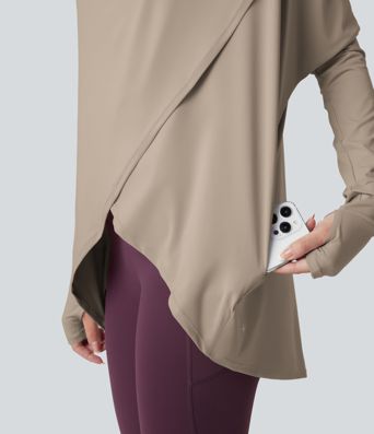 Hooded Cowl Neck Long Sleeve Thumb Hole Yoga Sports Top with Pockets