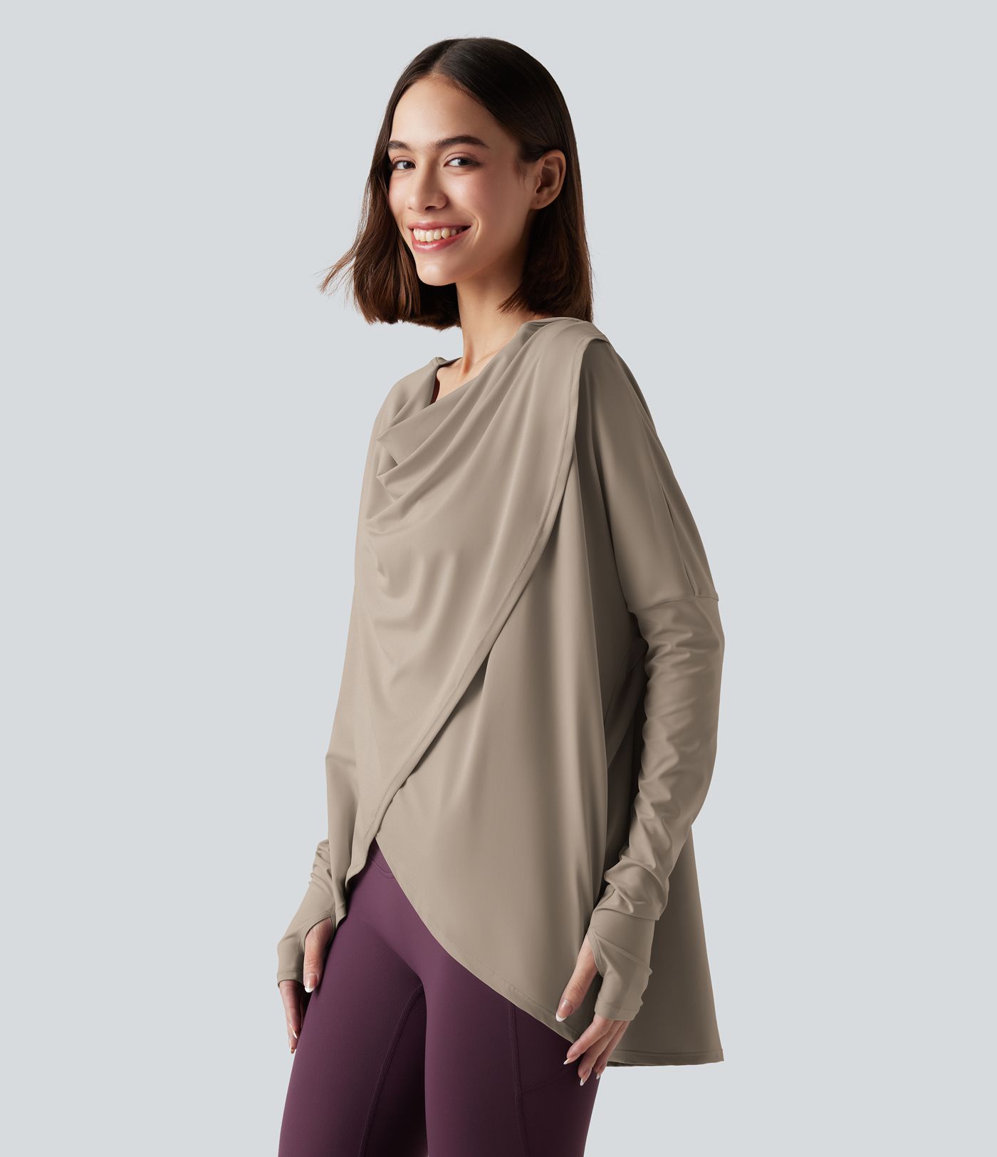 Hooded Cowl Neck Long Sleeve Thumb Hole Yoga Sports Top with Pockets