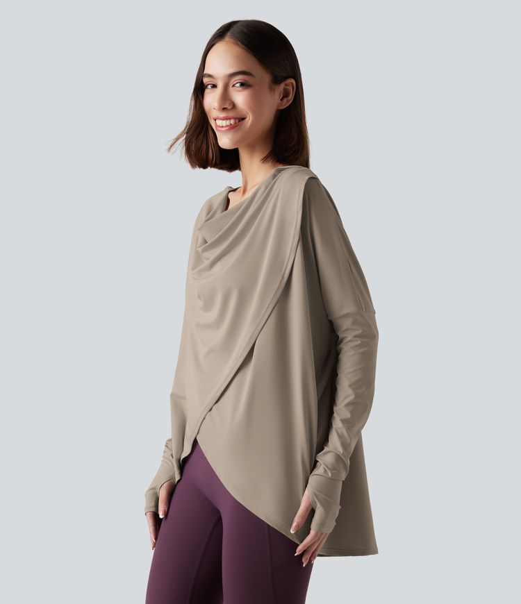 Hooded Cowl Neck Long Sleeve Thumb Hole Yoga Sports Top with Pockets