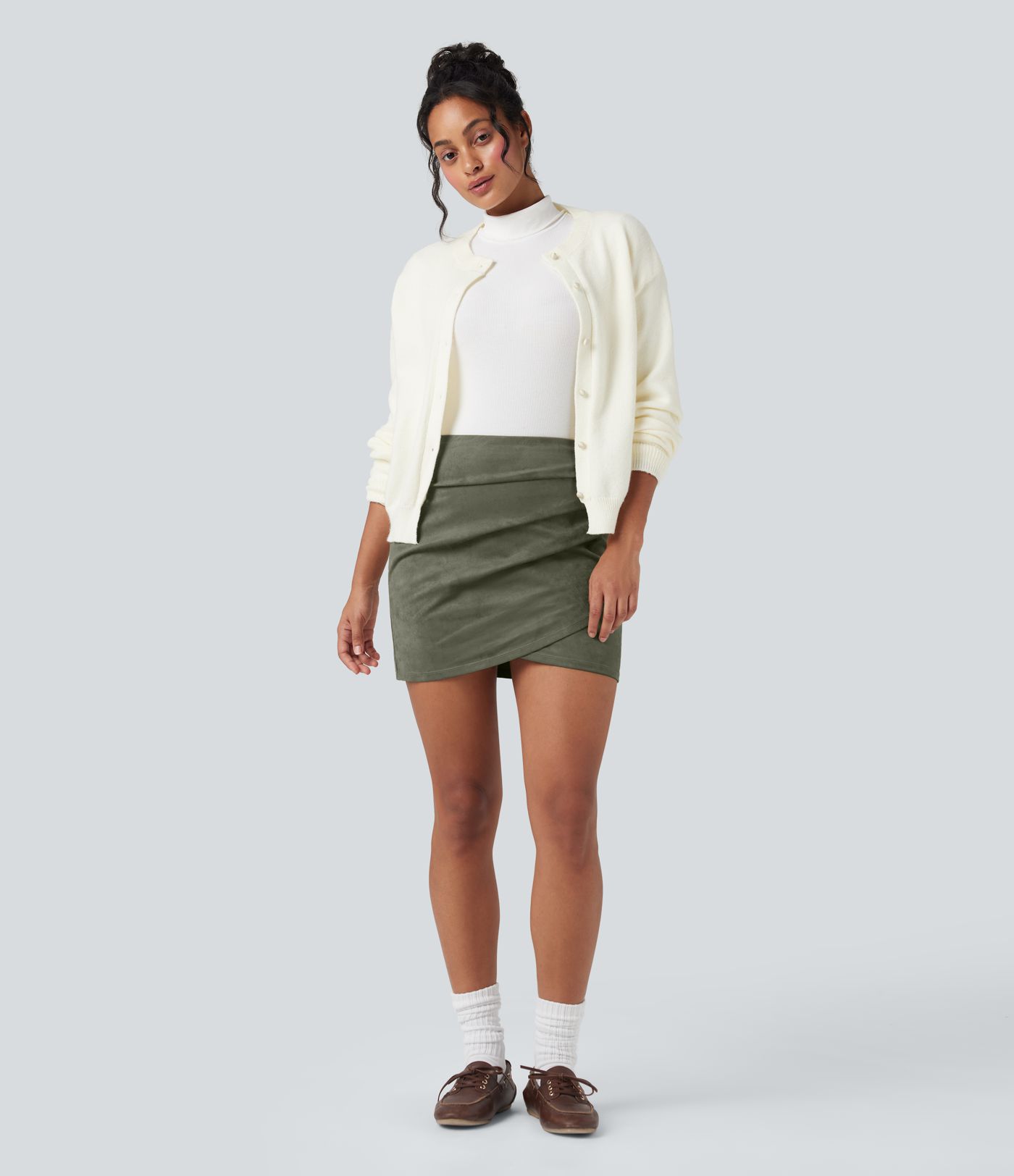 High Waisted Ruched Crossover Hem Bodycon Mini Suede Casual Skirt