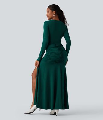 Gathered mermaid maxi dress with a round neckline and long sleeves