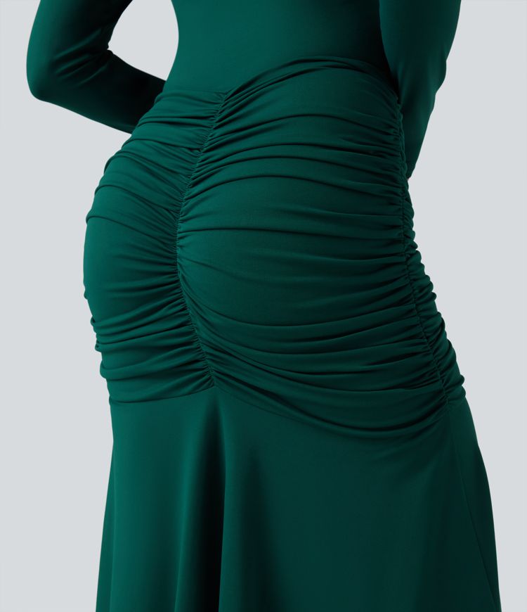 Gathered mermaid maxi dress with a round neckline and long sleeves