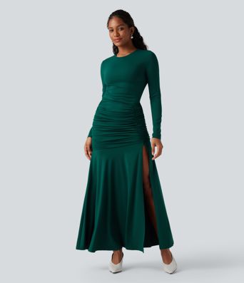 Gathered mermaid maxi dress with a round neckline and long sleeves