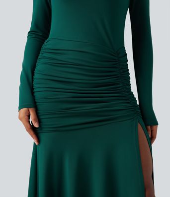 Gathered mermaid maxi dress with a round neckline and long sleeves