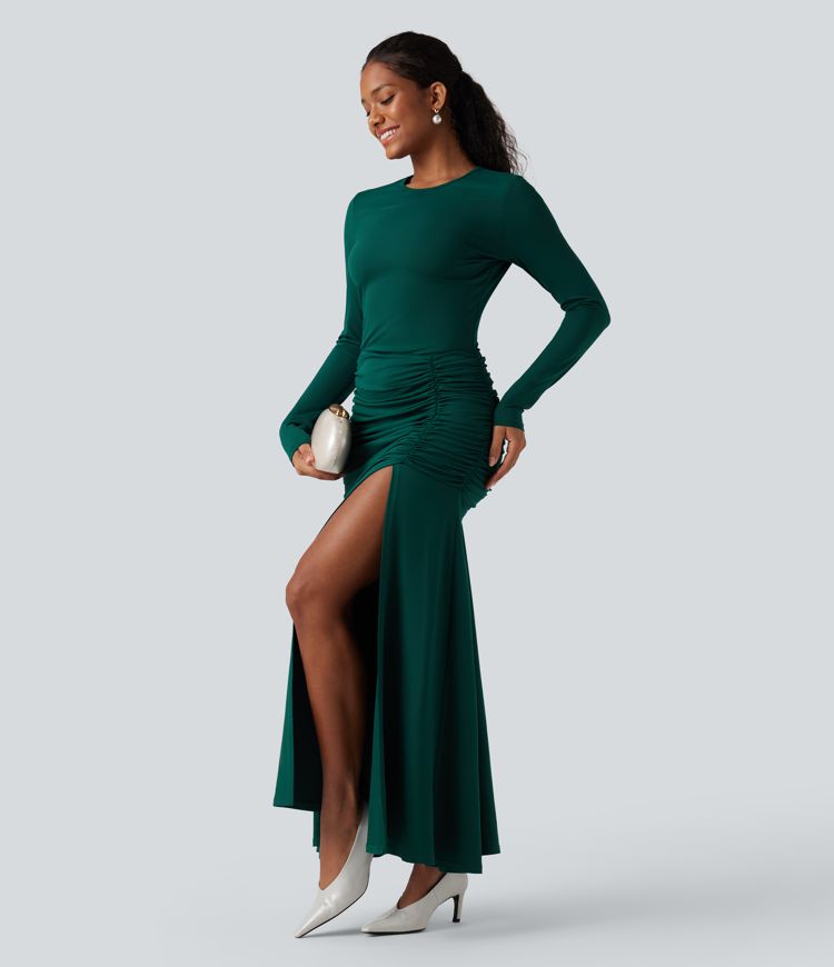 Gathered mermaid maxi dress with a round neckline and long sleeves