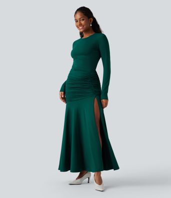 Gathered mermaid maxi dress with a round neckline and long sleeves