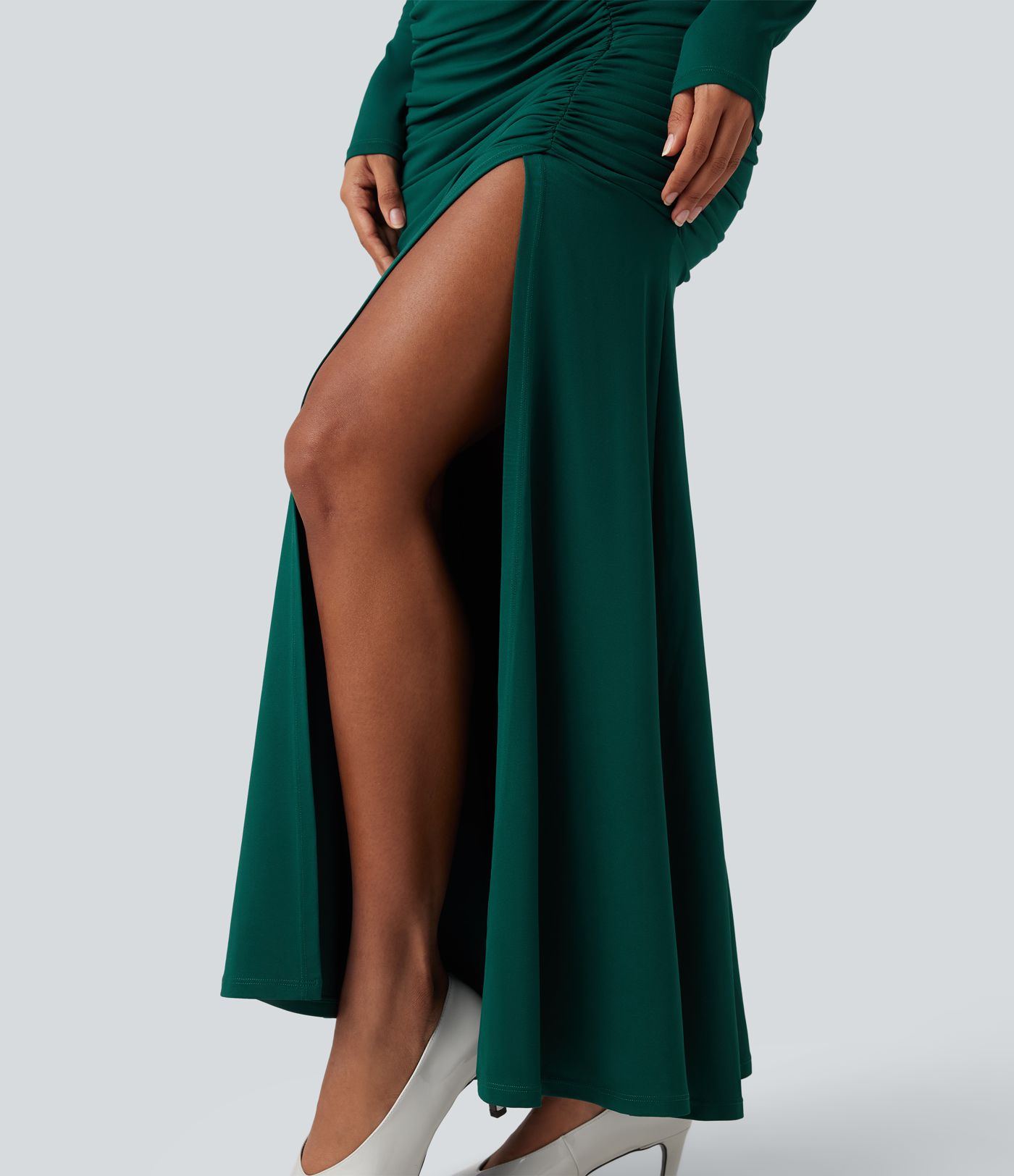 Gathered mermaid maxi dress with a round neckline and long sleeves