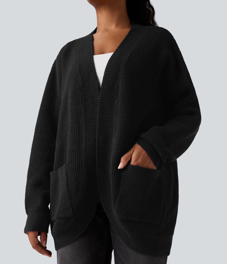 Cardigan décontracté ouvert à manches longues avec poches