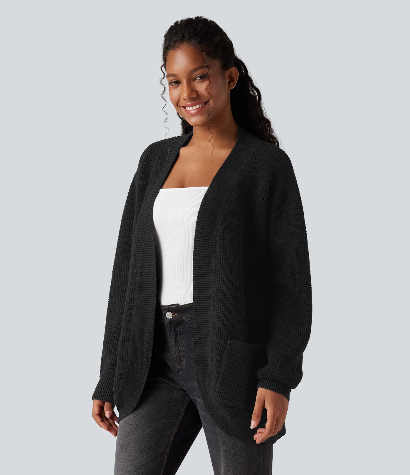 Cardigan décontracté ouvert à manches longues avec poches