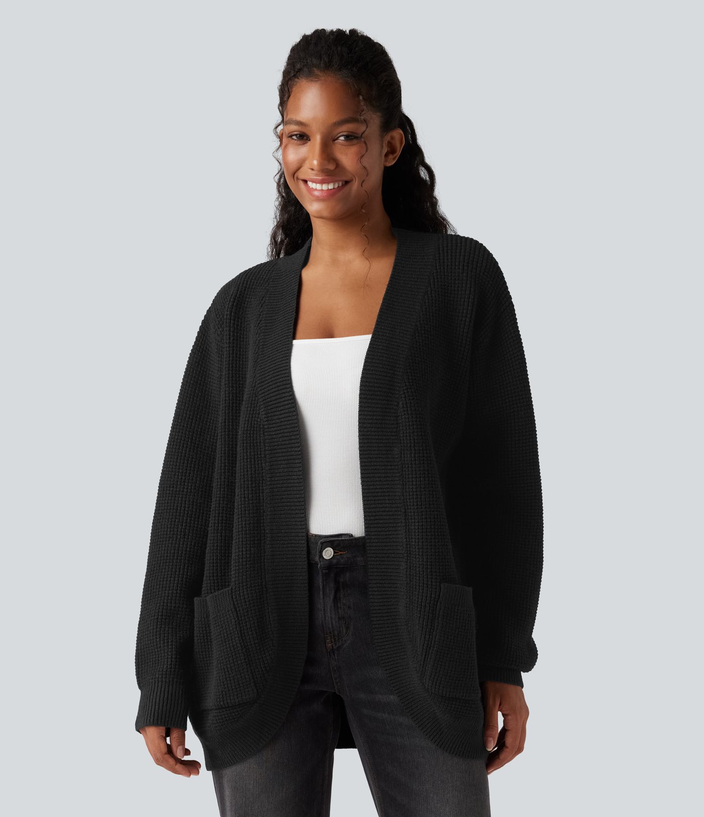 Cardigan décontracté ouvert à manches longues avec poches