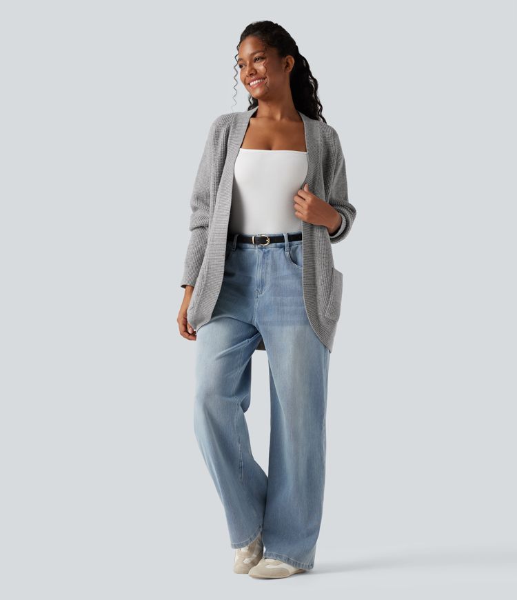 Cardigan décontracté ouvert à manches longues avec poches