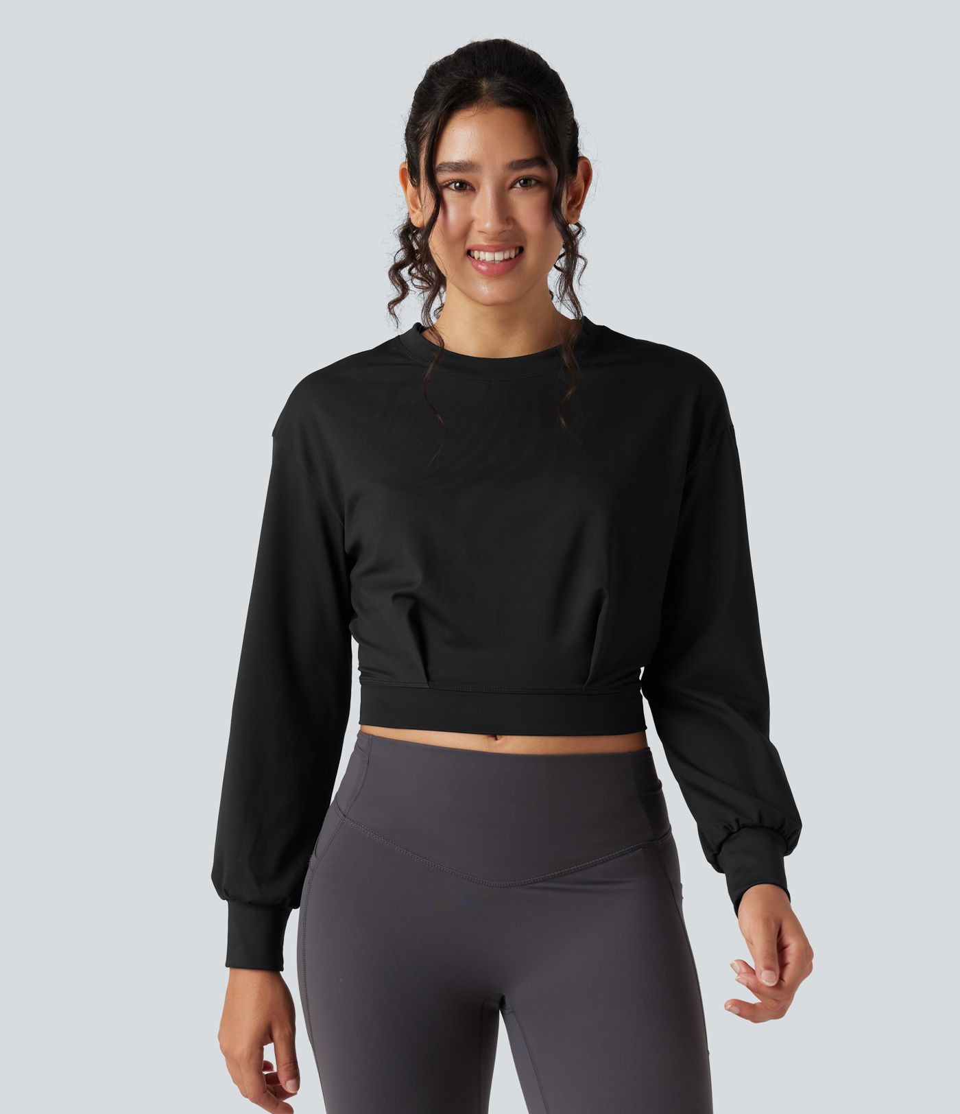 Round Neck Long Sleeve Cropped Yoga Top