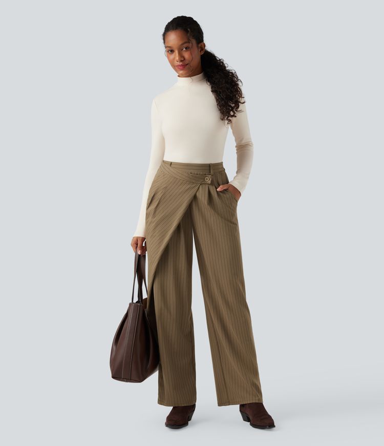 Halara Flex™ - Asymmetrische Stoffhose mit hohem Bund, Seitentaschen, Streifen, Cool-Touch und weitem Bein