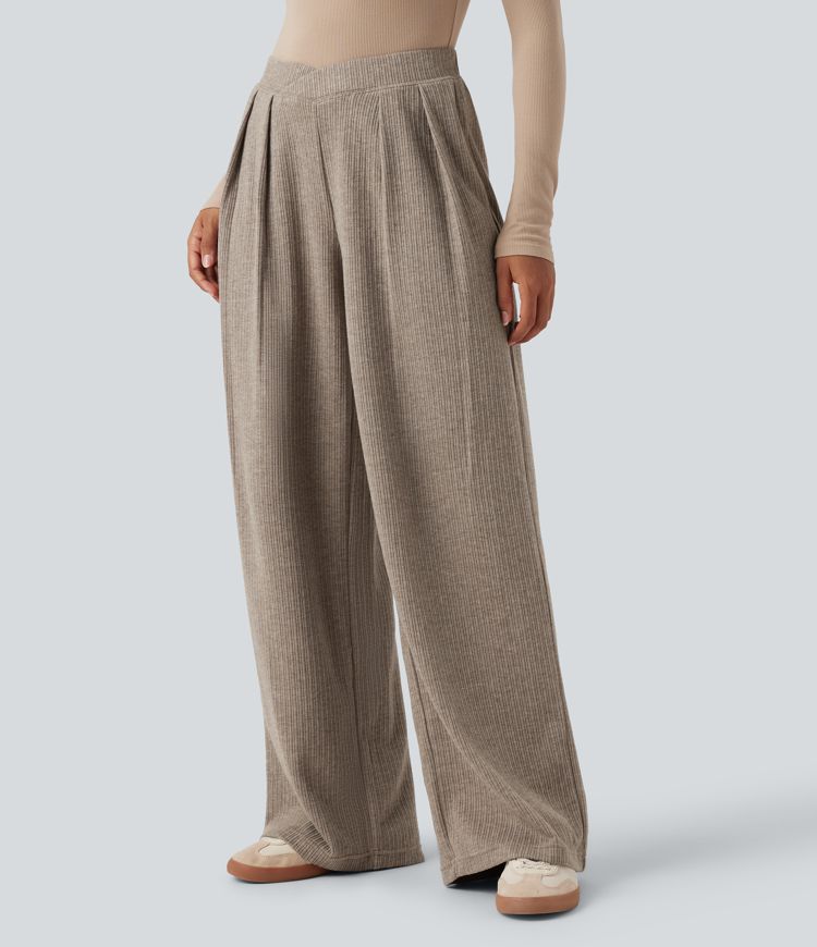 Ribbed High Waisted Crossover Straight Leg Casual Pants with Pockets