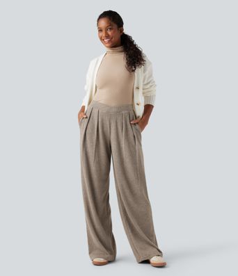 Ribbed High Waisted Crossover Straight Leg Casual Pants with Pockets