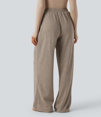 Ribbed High Waisted Crossover Straight Leg Casual Pants with Pockets