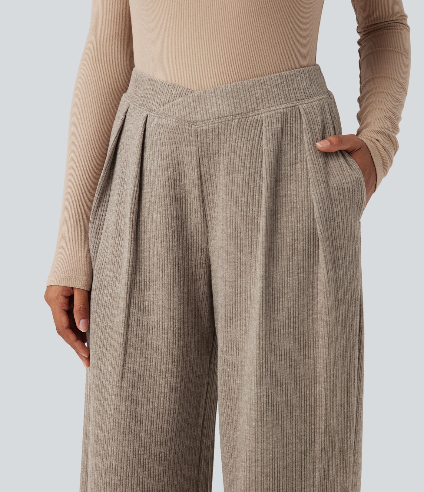 Ribbed High Waisted Crossover Straight Leg Casual Pants with Pockets