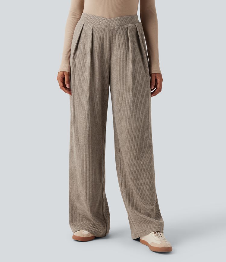 Ribbed High Waisted Crossover Straight Leg Casual Trousers with Pockets