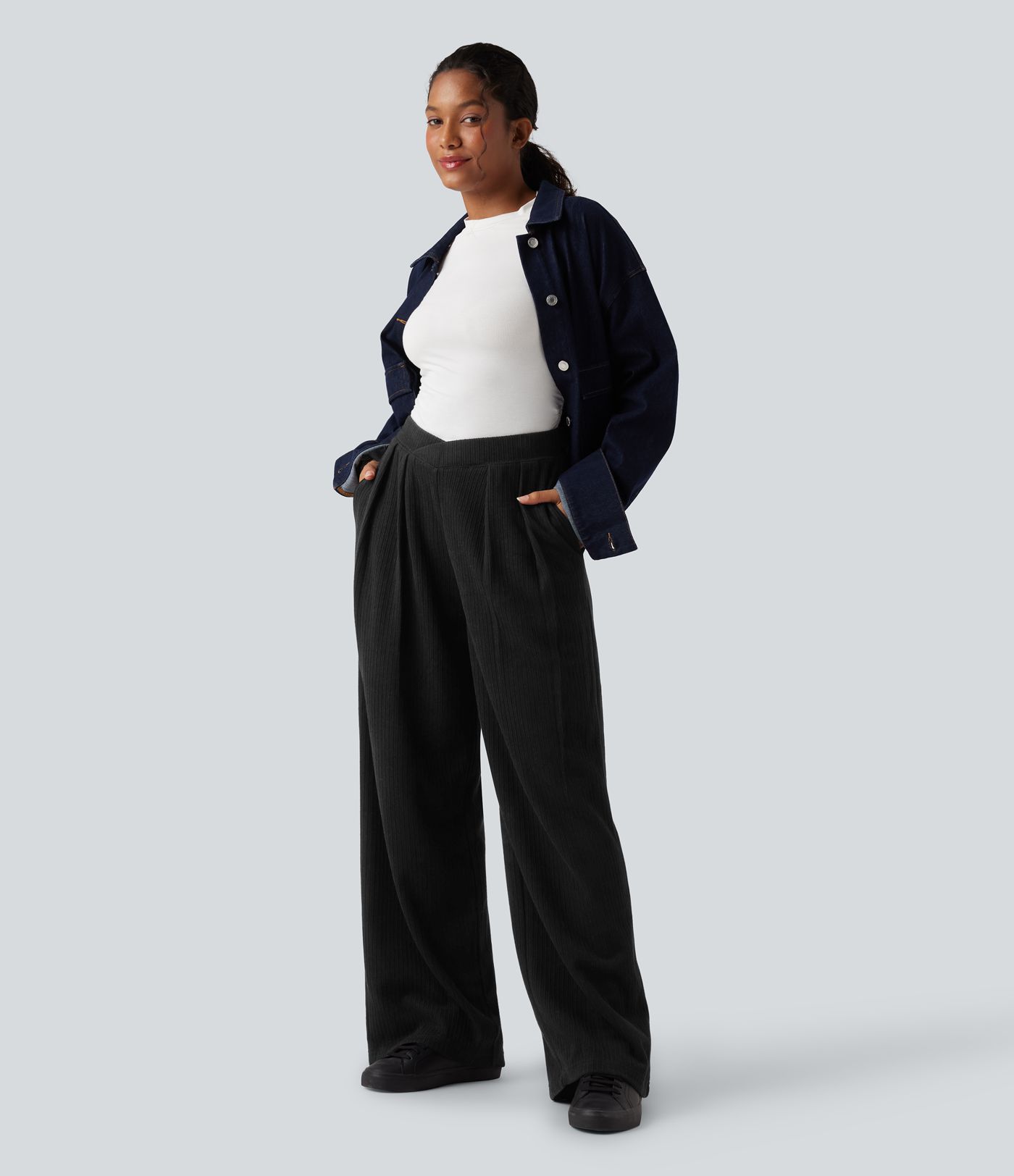 Ribbed High Waisted Crossover Straight Leg Casual Pants with Pockets