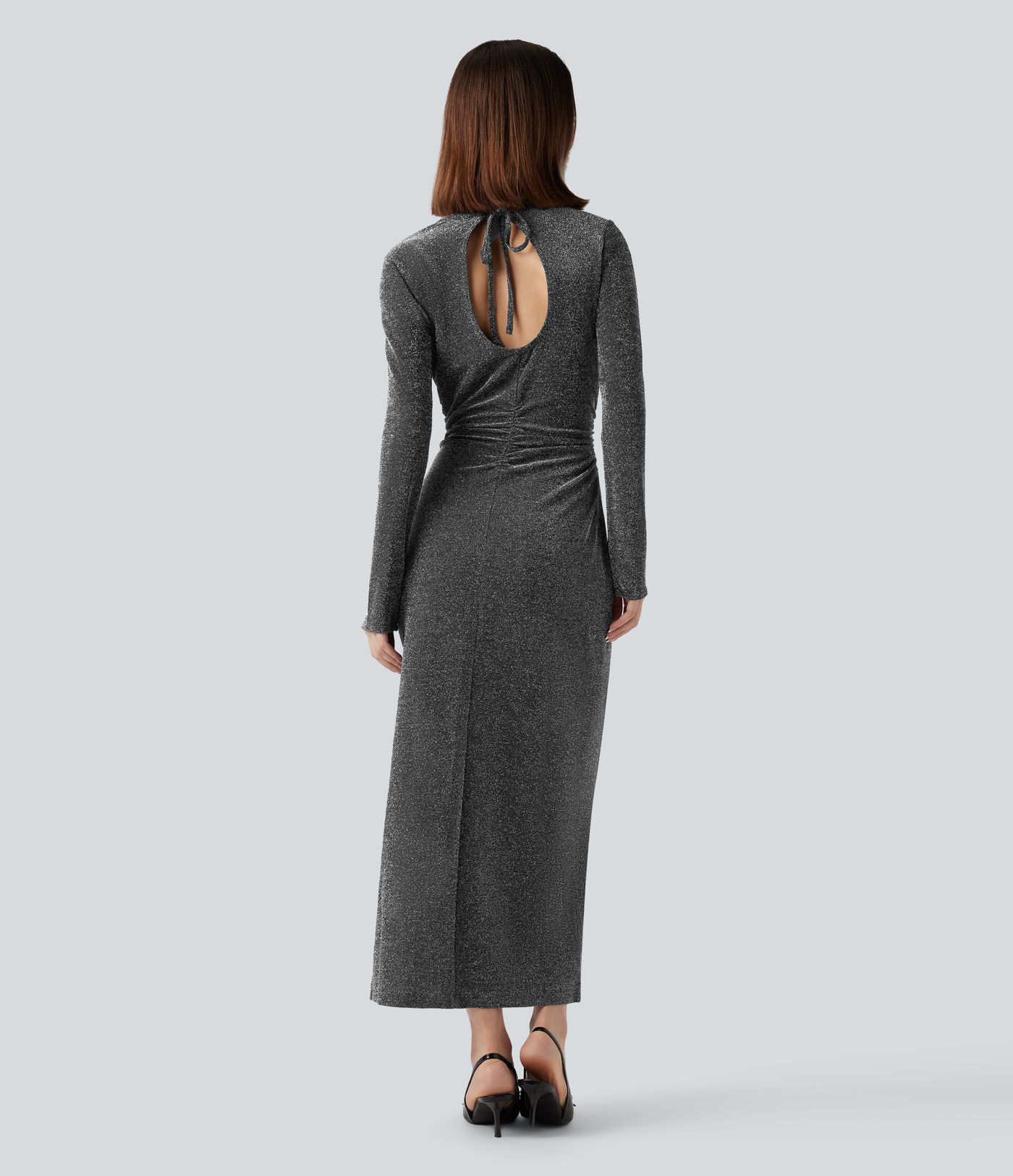 Tie Back Cut-out Long Sleeve Split Hem Midi Sparkle Party Dress