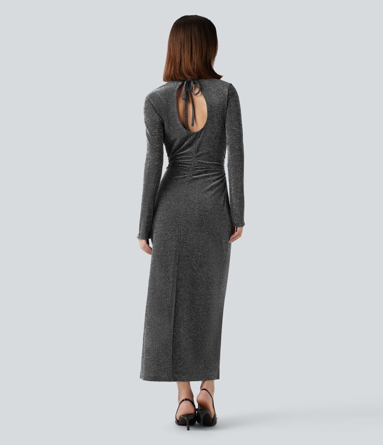 Tie Back Cut-out Long Sleeve Split Hem Midi Metallic Party Dress