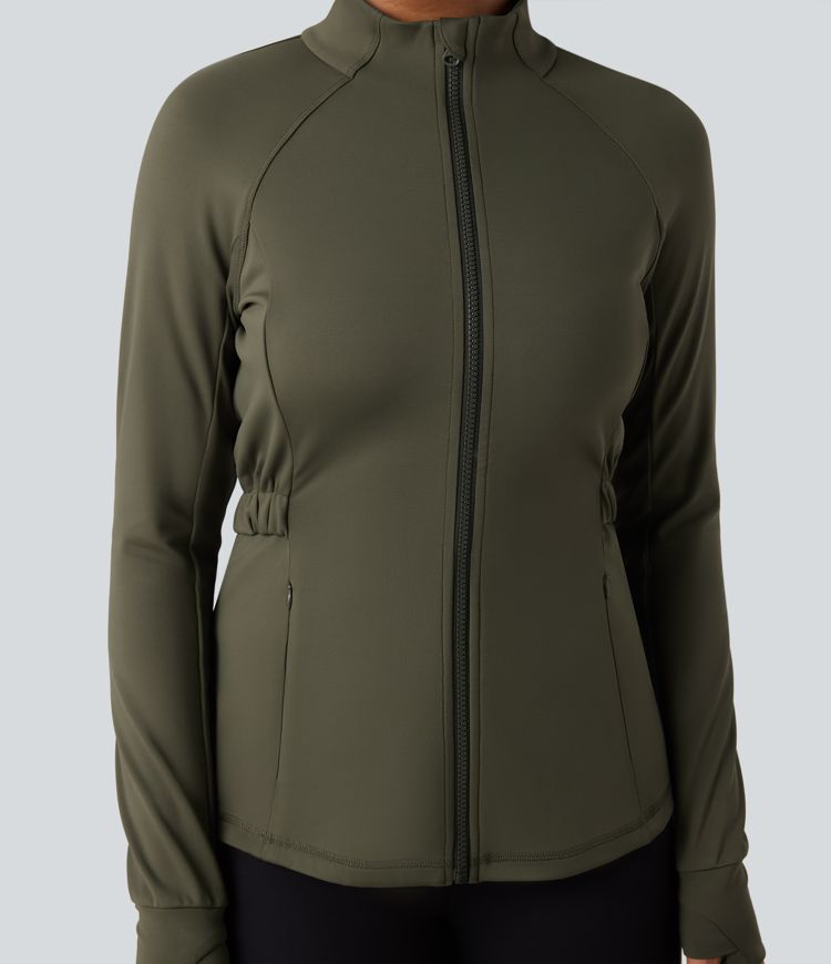 Veste polaire de randonnée déperlante col montant à manches longues avec passants pouces et poches