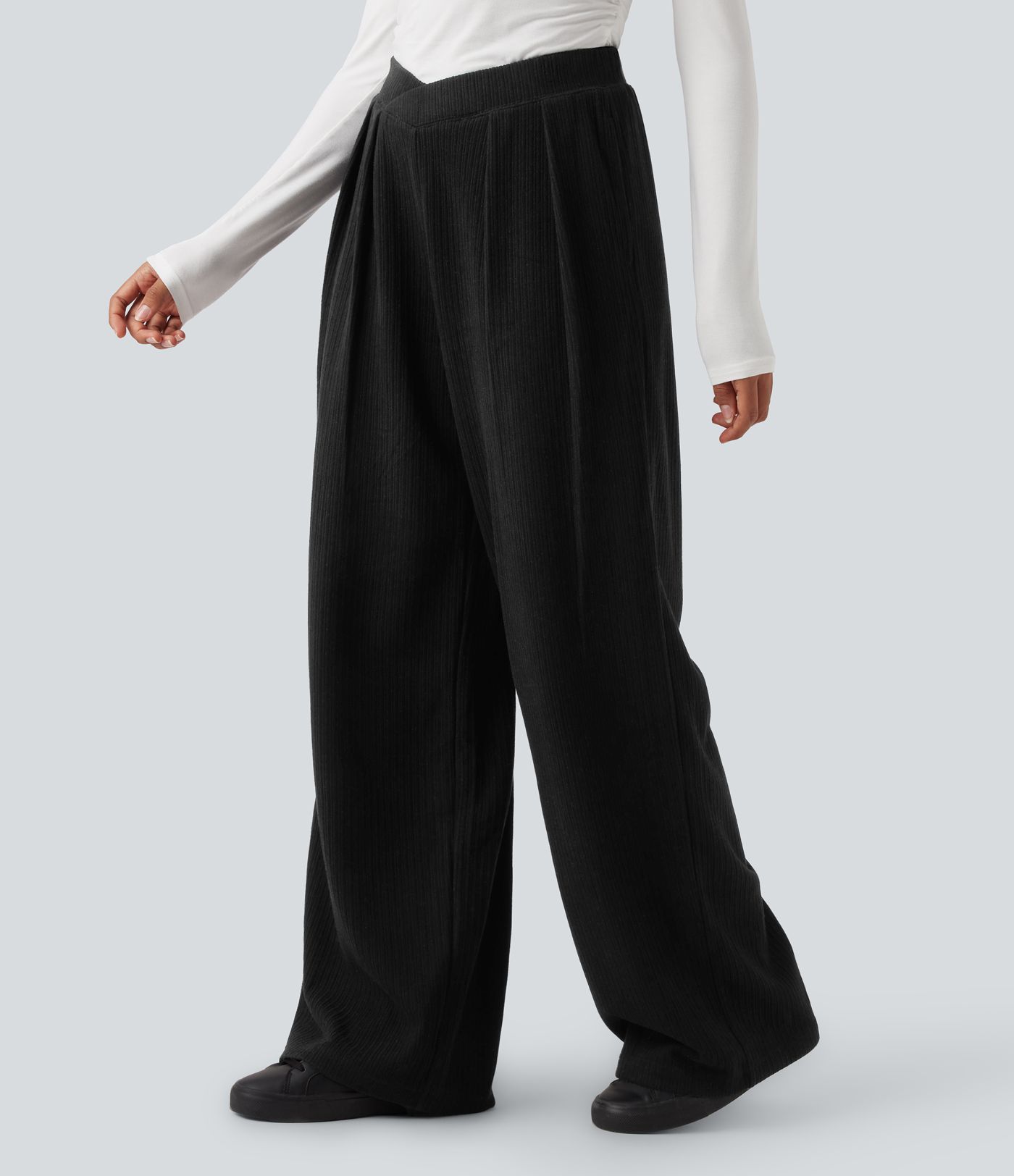 Ribbed High Waisted Crossover Straight Leg Casual Pants with Pockets