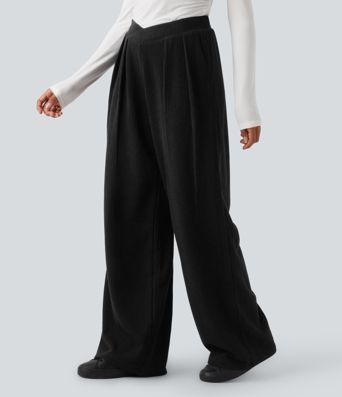 Ribbed High Waisted Crossover Straight Leg Casual Pants with Pockets