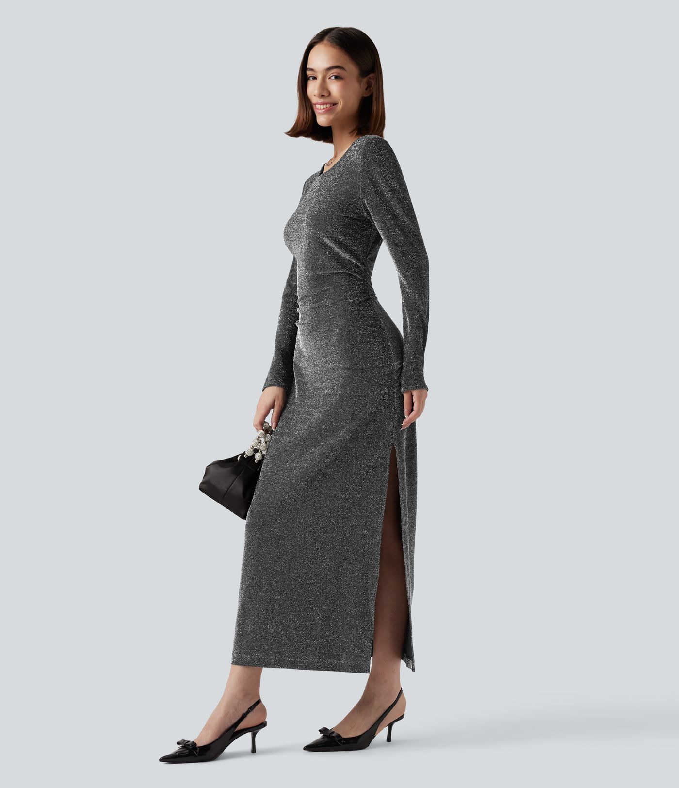 Tie Back Cut-out Long Sleeve Split Hem Midi Sparkle Party Dress