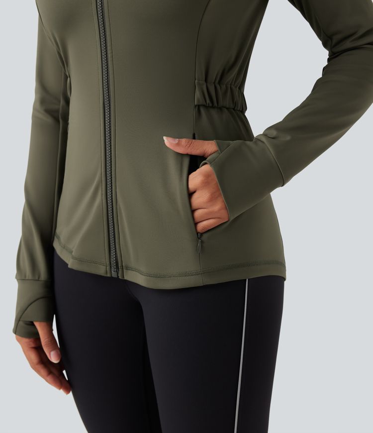 Veste polaire de randonnée déperlante col montant à manches longues avec passants pouces et poches