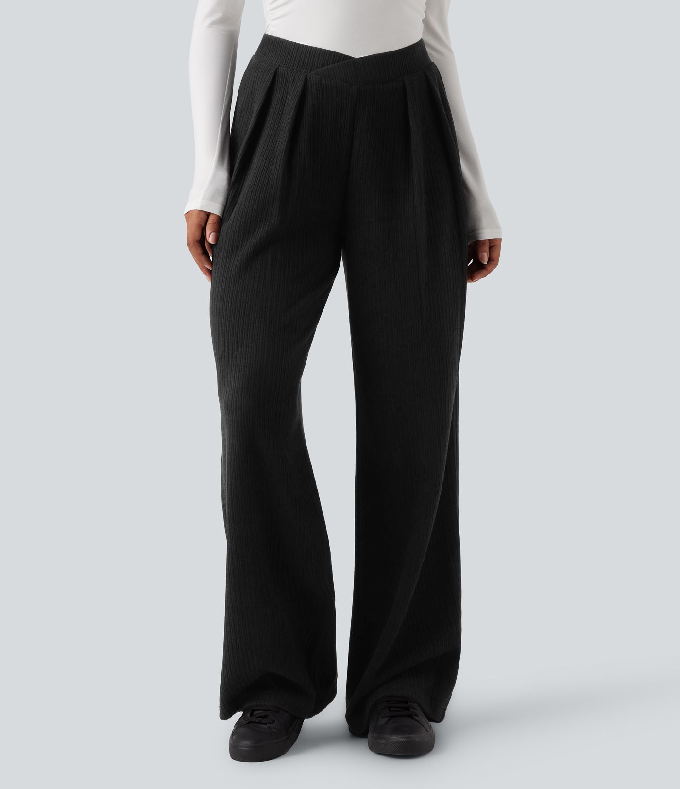 Ribbed High Waisted Crossover Straight Leg Casual Pants with Pockets