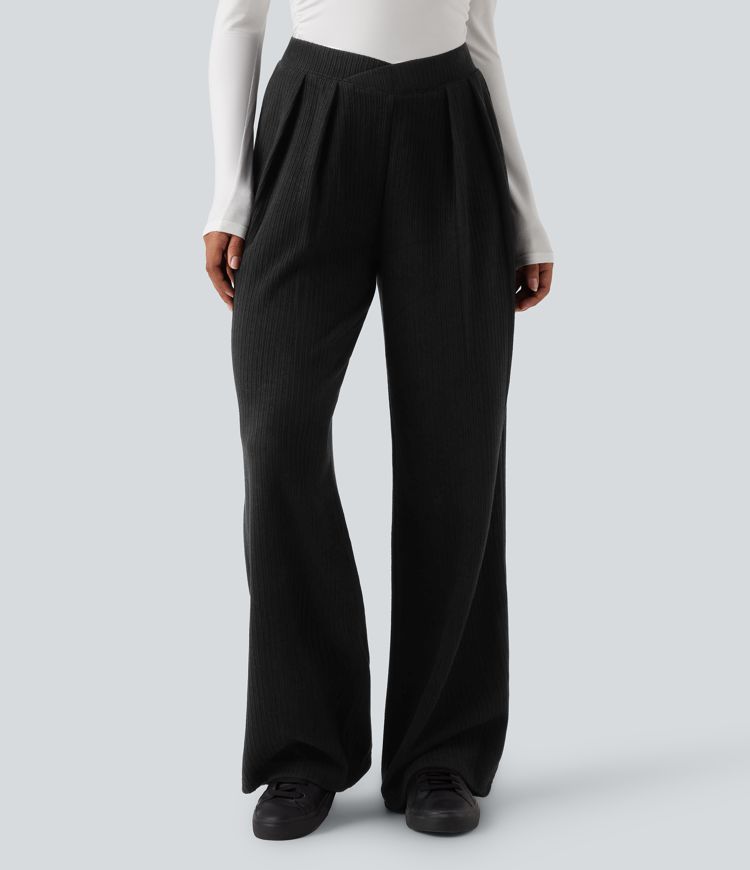 Ribbed High Waisted Crossover Straight Leg Casual Pants with Pockets