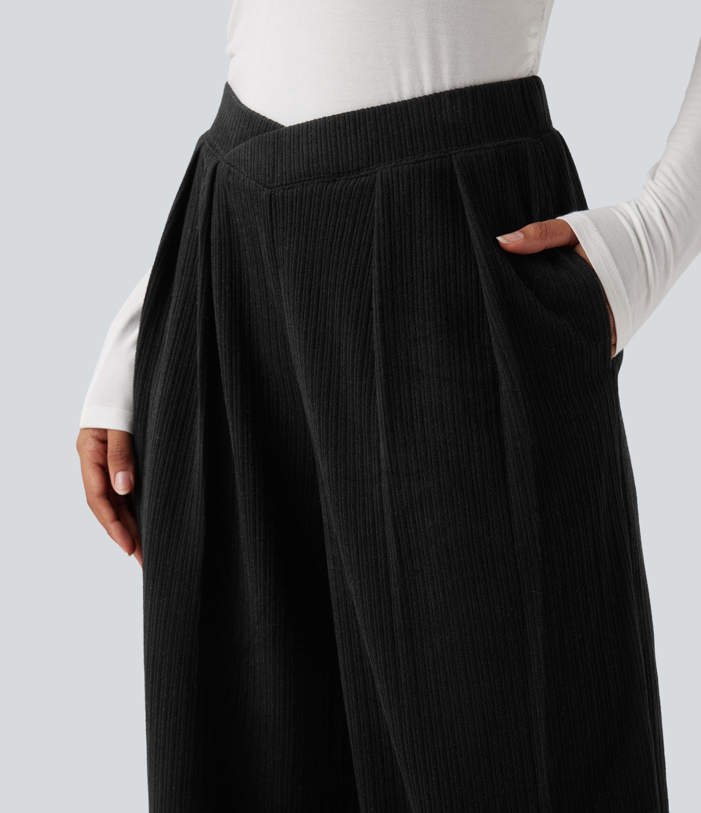 Ribbed High Waisted Crossover Straight Leg Casual Pants with Pockets