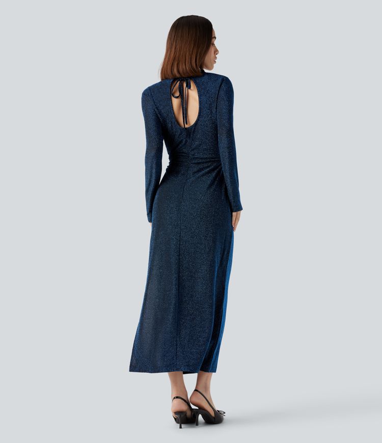 Robe midi fendue à manches longues, dos noué avec découpes, effet sparkle