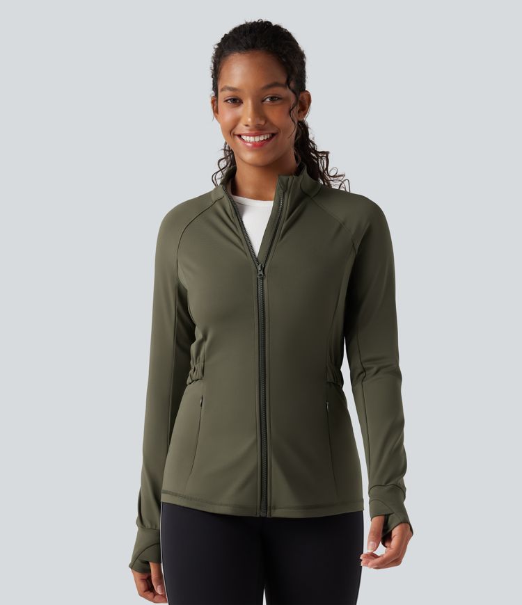 Veste polaire de randonnée déperlante col montant à manches longues avec passants pouces et poches