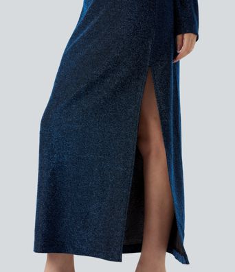 Robe midi fendue à manches longues, dos noué avec découpes, effet sparkle Robe midi fendue à manches longues, dos noué avec découpes, effet sparkle