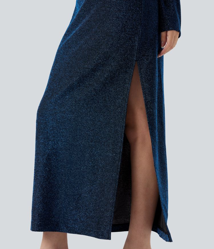 Robe midi fendue à manches longues, dos noué avec découpes, effet sparkle