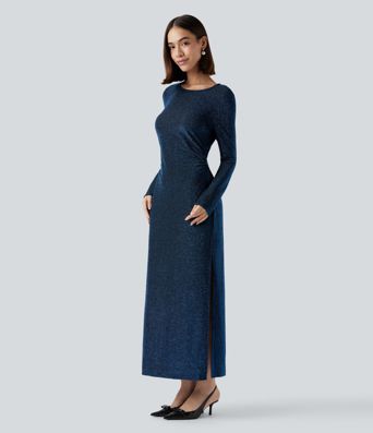 Robe midi fendue à manches longues, dos noué avec découpes, effet sparkle Robe midi fendue à manches longues, dos noué avec découpes, effet sparkle