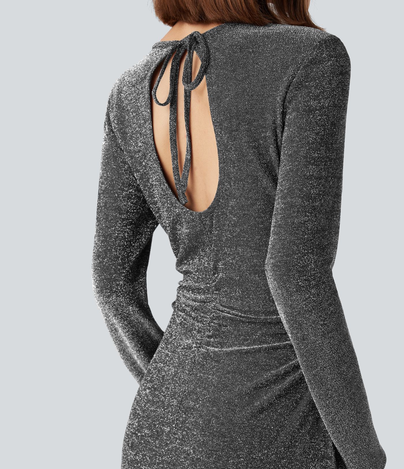 Tie Back Cut-out Long Sleeve Split Hem Midi Sparkle Party Dress
