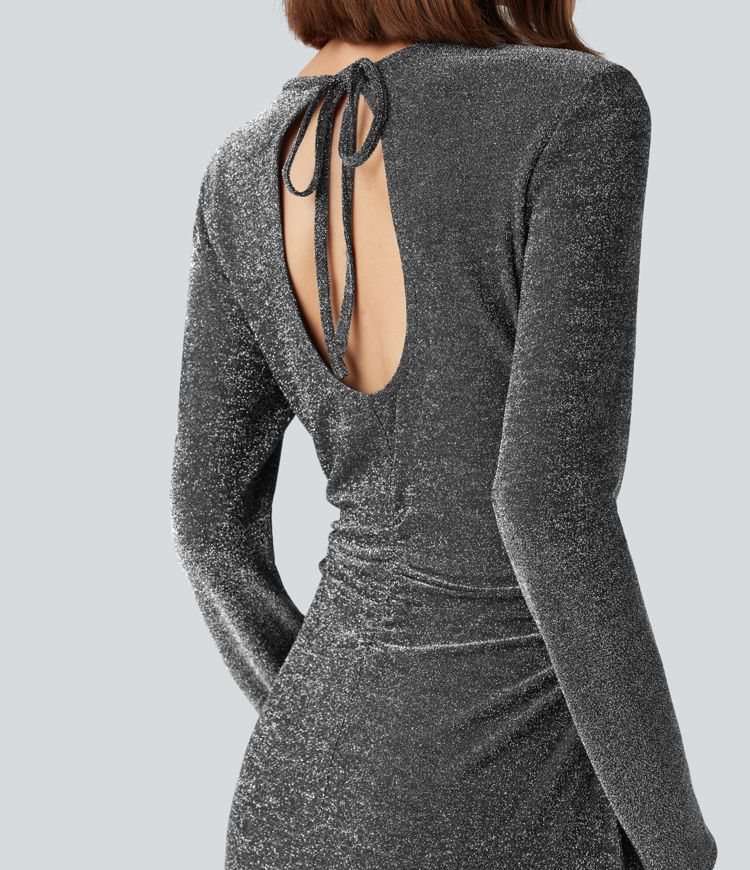 Tie Back Cut-out Long Sleeve Split Hem Midi Metallic Party Dress
